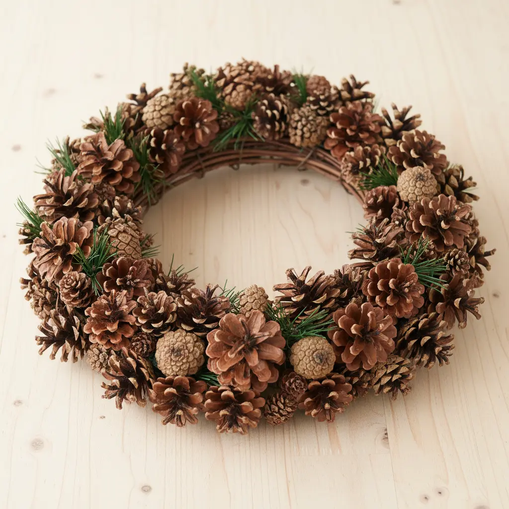 A dense arrangement of natural pinecones secured to a grapevine wreath with floral wire.