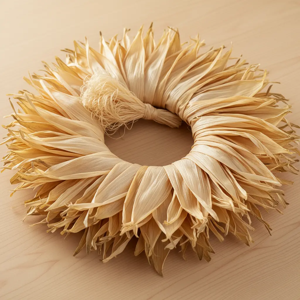 A circular wreath made from dried corn husks arranged in a fanning feathered pattern.