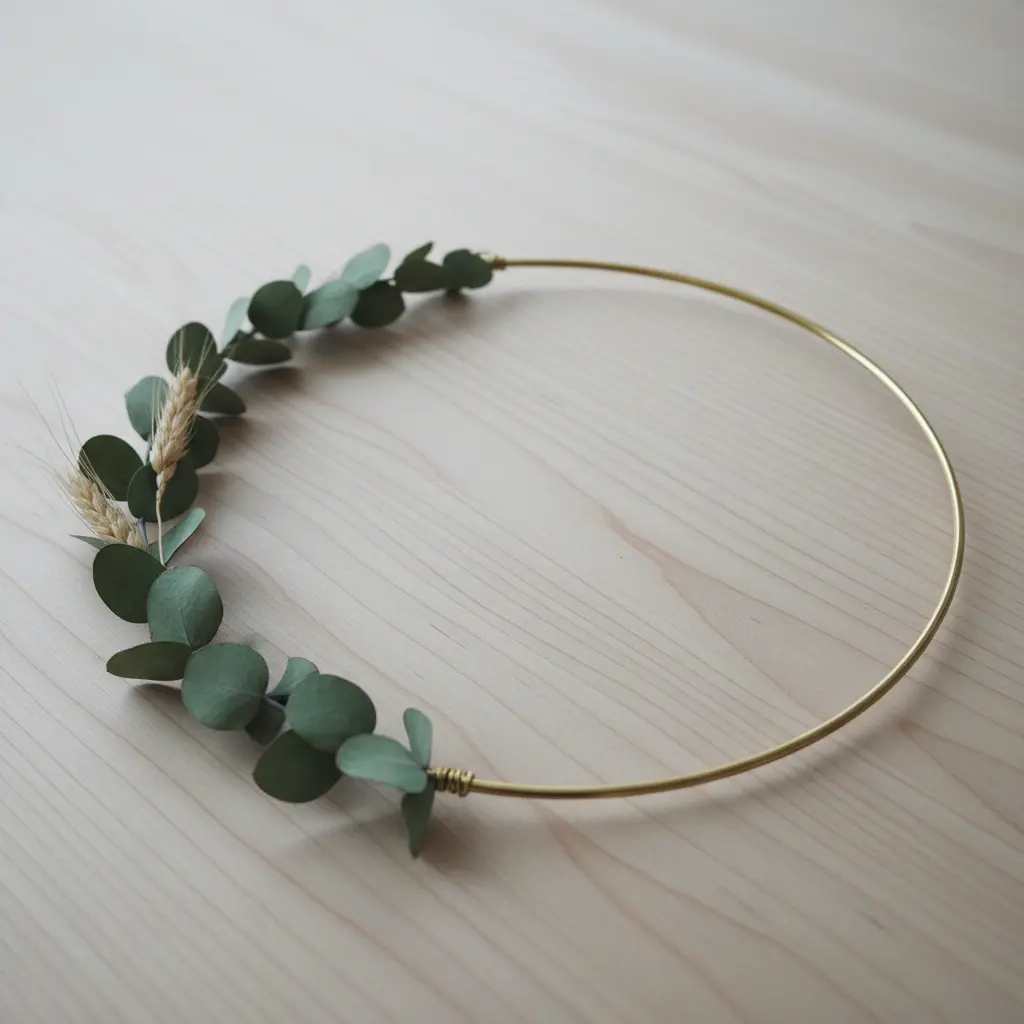 A slim metal hoop adorned with dried eucalyptus leaves and a few sprigs of wheat.