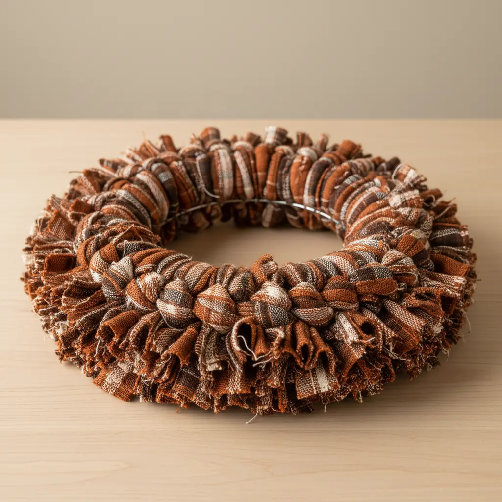A wreath made from layered strips of plaid fabric in orange, brown, and cream tied around a wire frame.