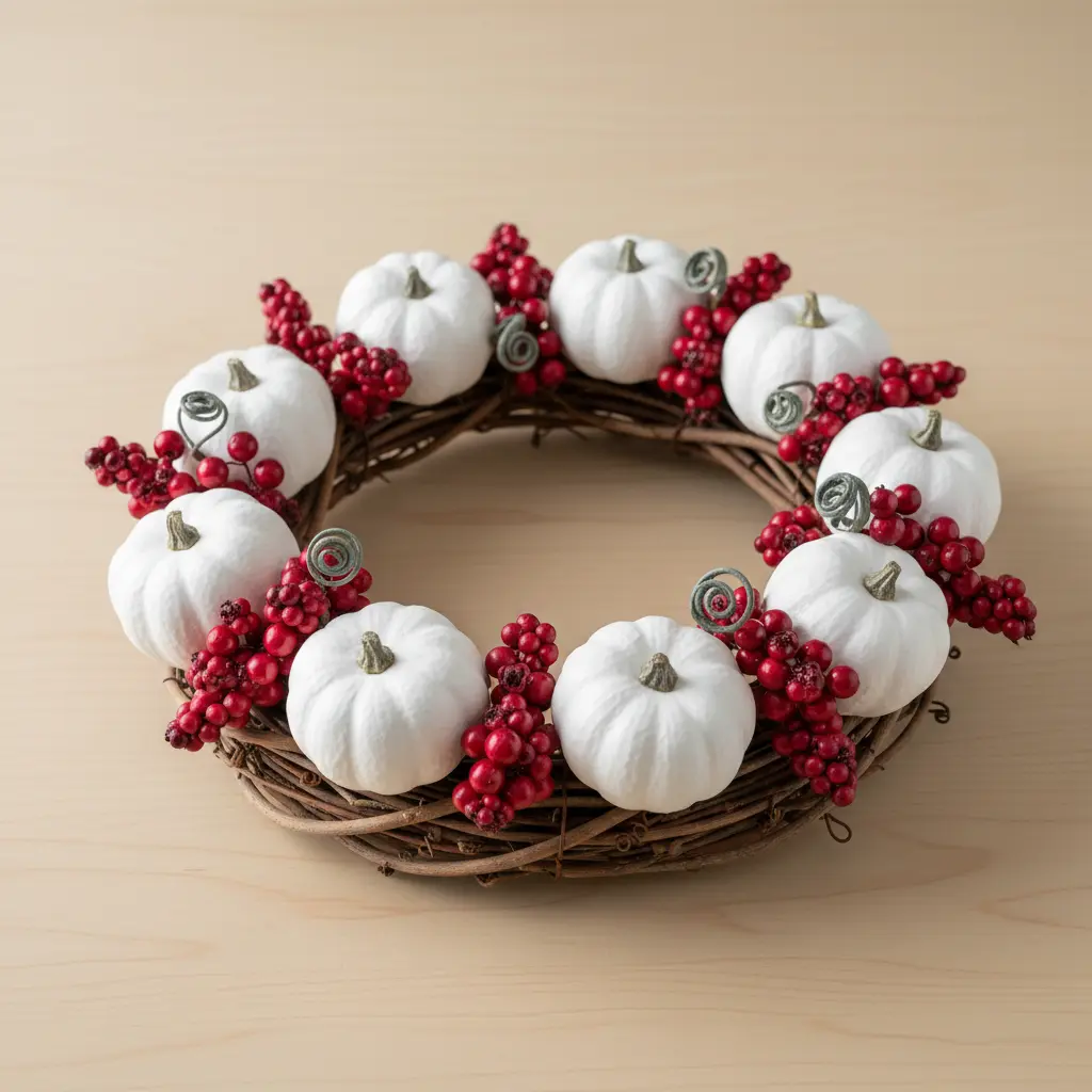 A grapevine wreath featuring small white pumpkins and clusters of bright red berries.