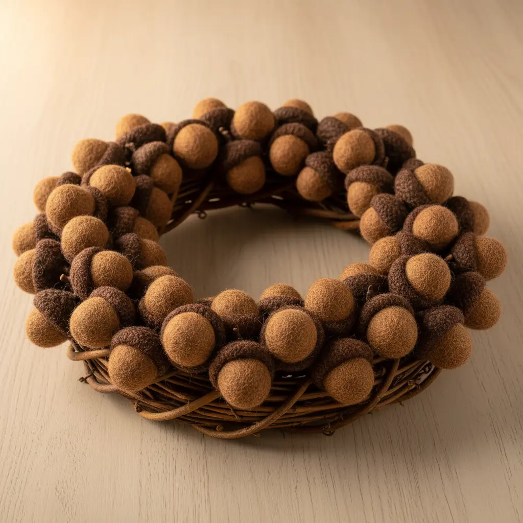 A wreath of twisted twigs dotted with handmade felted wool acorns in earthy browns.