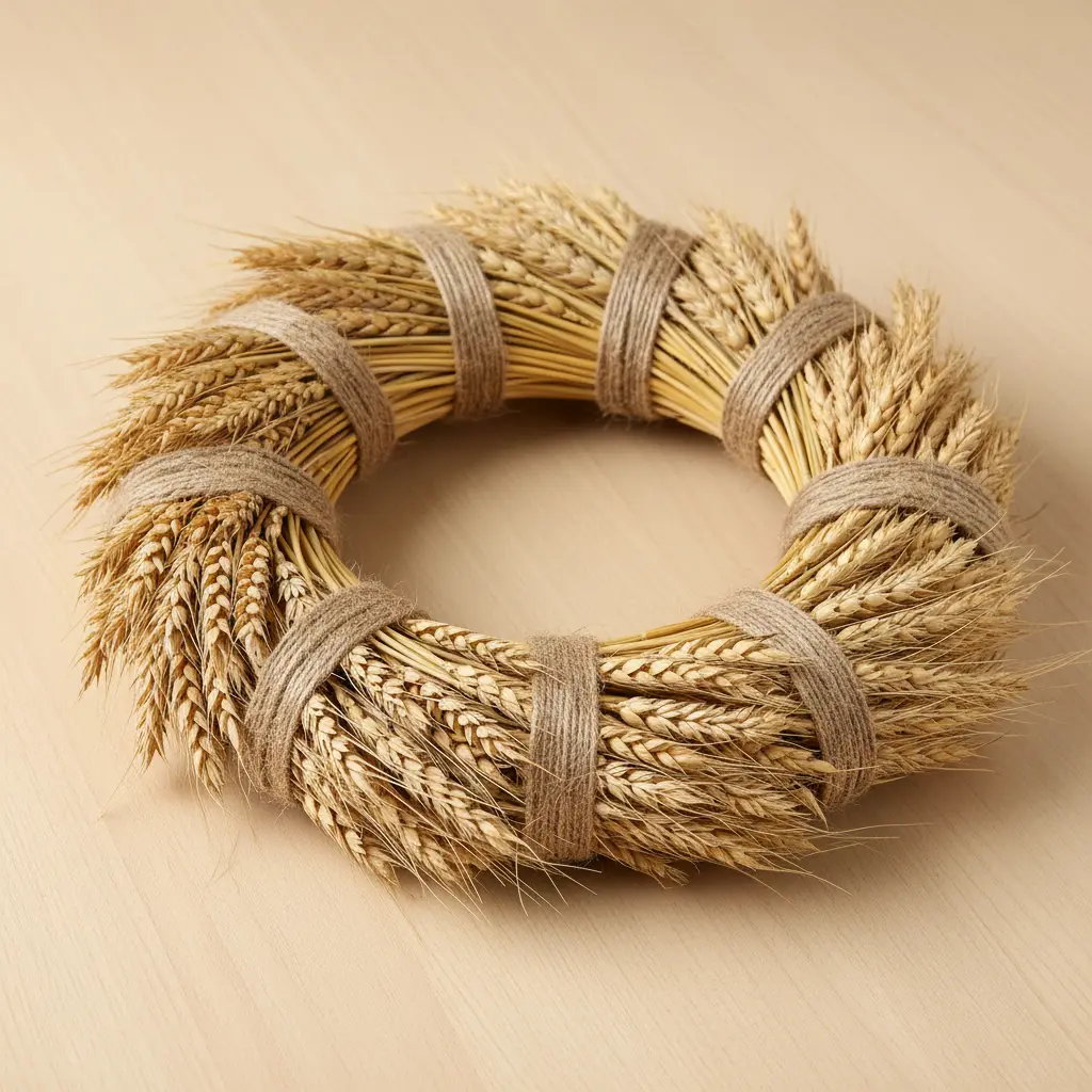 A full circle of bundled dried wheat stalks tied with jute twine.
