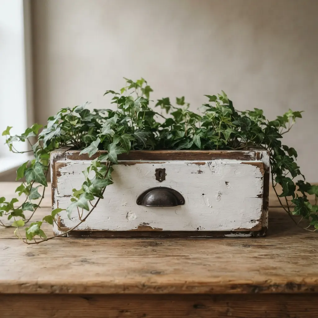 A rustic wooden planter with distressed white paint, black cabinet hardware, and trailing ivy.