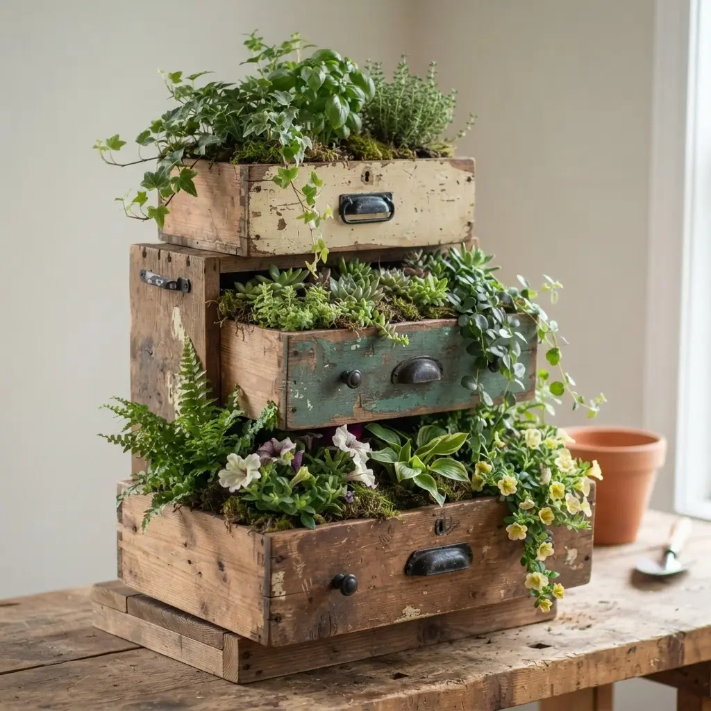 A creative garden display featuring three stacked wooden drawer planters with different plants.