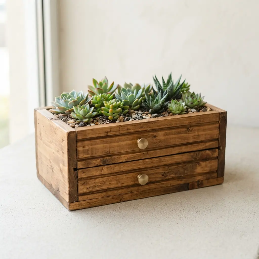 A minimalist stained cedar wood box planter with sleek brass hardware and succulent plants.