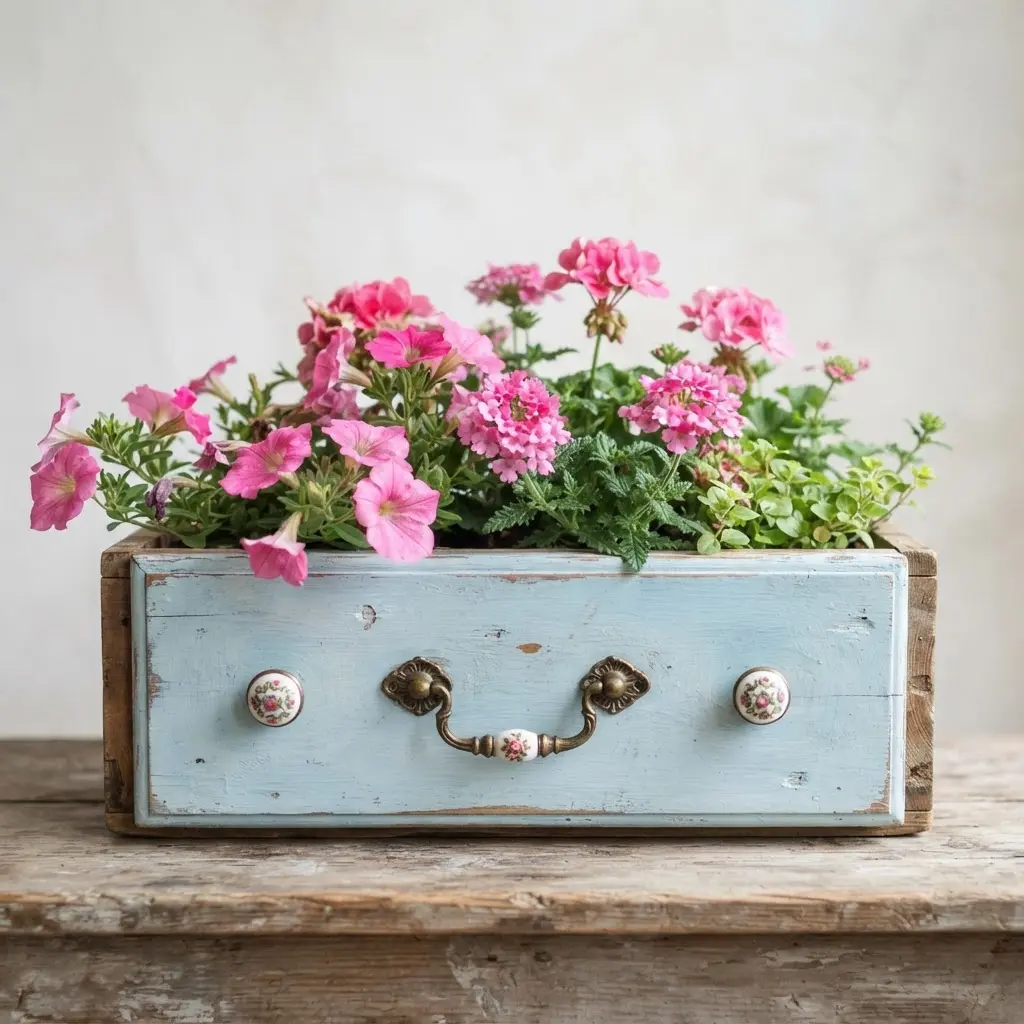 A shabby chic planter made from a pastel-painted wooden drawer front with decorative ceramic knobs.