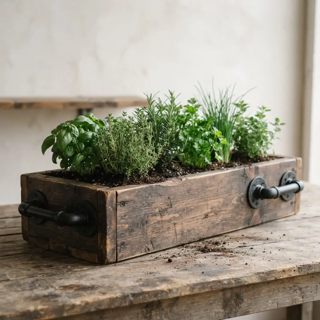 An industrial-style herb planter crate made from dark reclaimed wood and metal pipe hardware.
