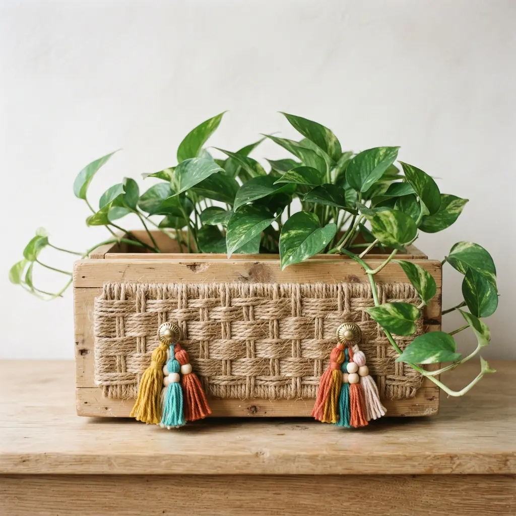 A boho-inspired drawer planter featuring woven texture accents and colorful tassel drawer pulls.