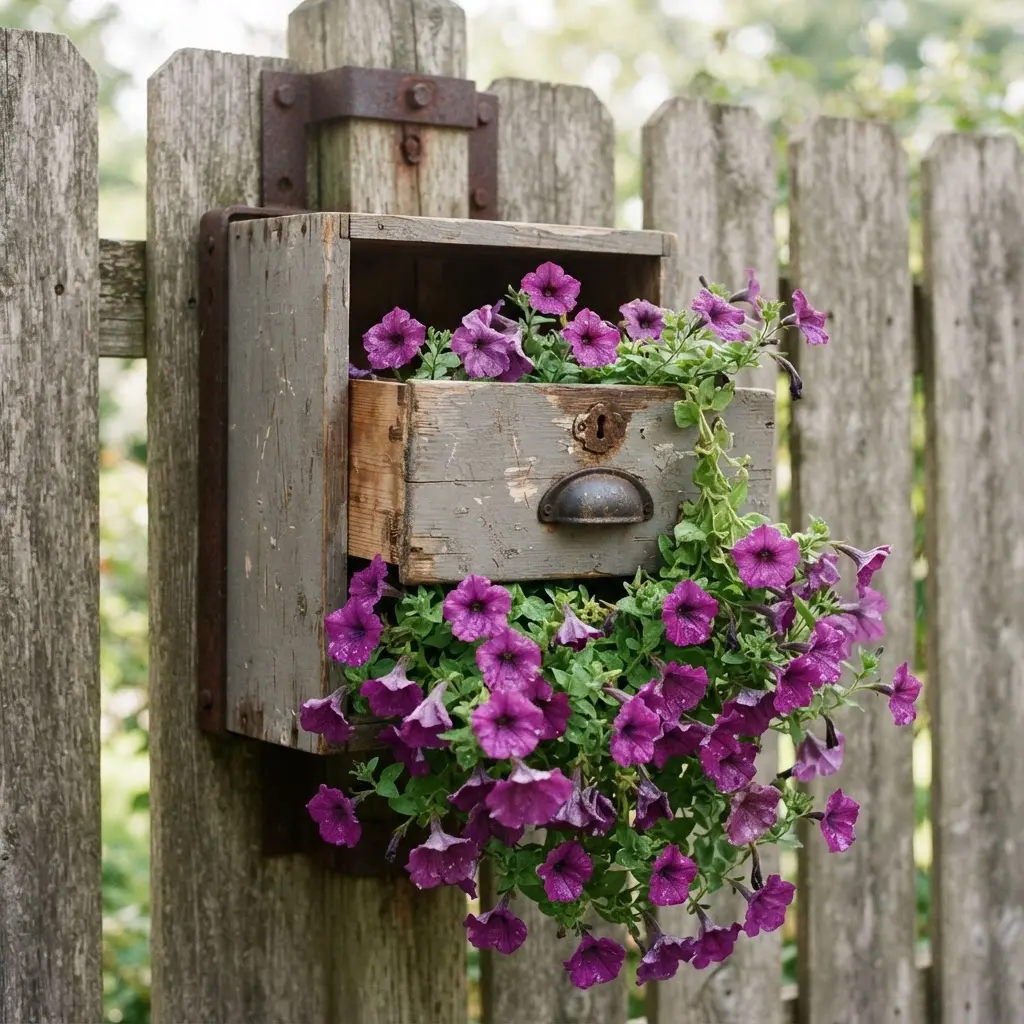 A vertical wall-mounted wooden planter shaped like a drawer front with cascading flowers.