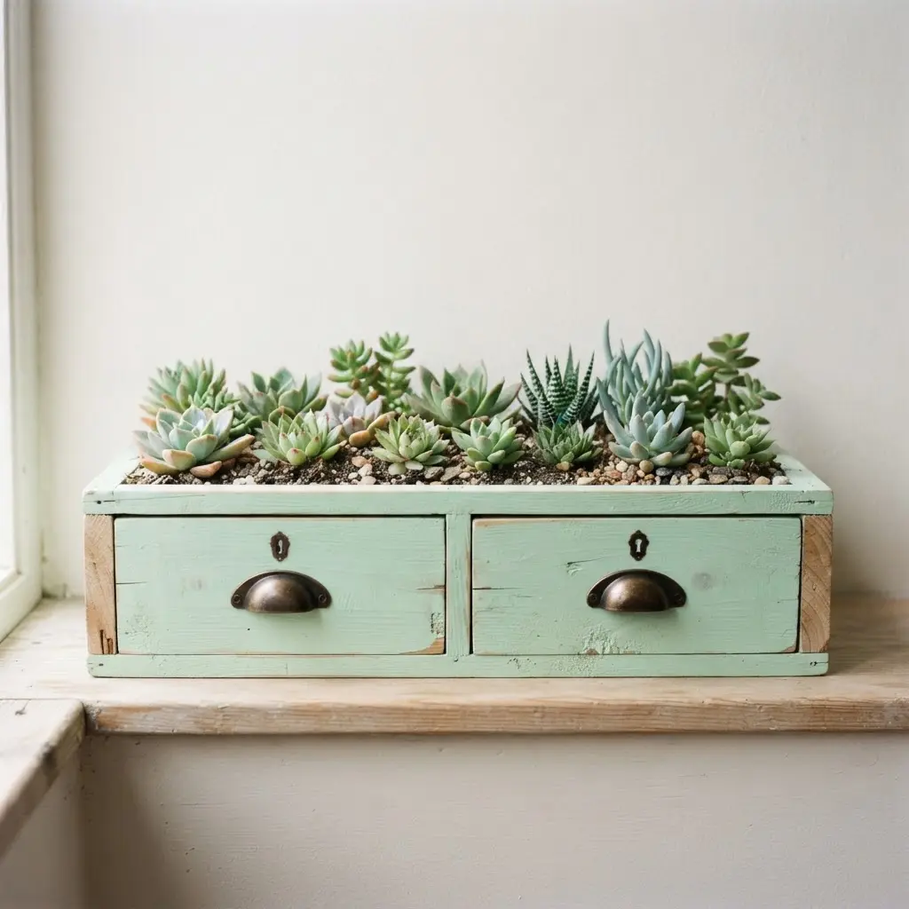 A long, shallow wooden drawer box planter on a window sill containing various succulent varieties.