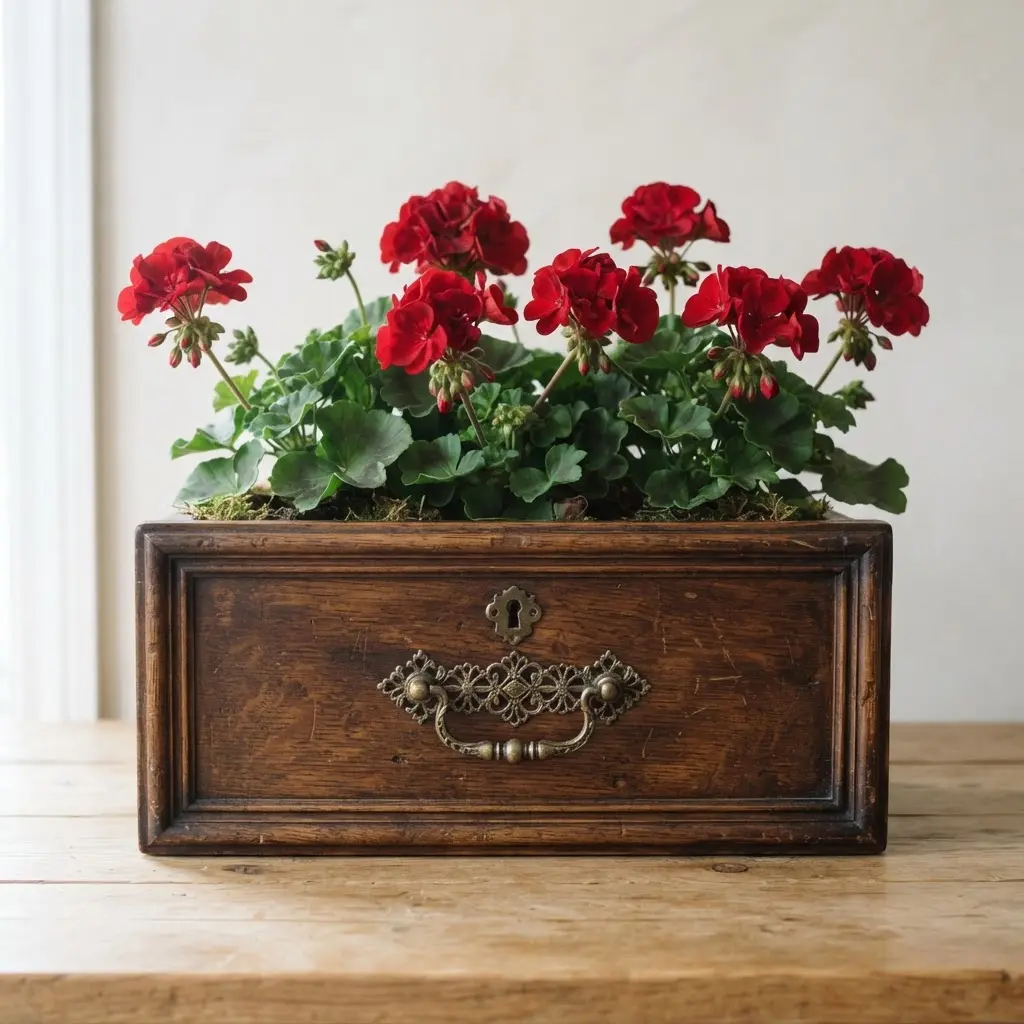 A vintage-style wooden planter with dark stain and ornate, detailed brass cabinet hardware.