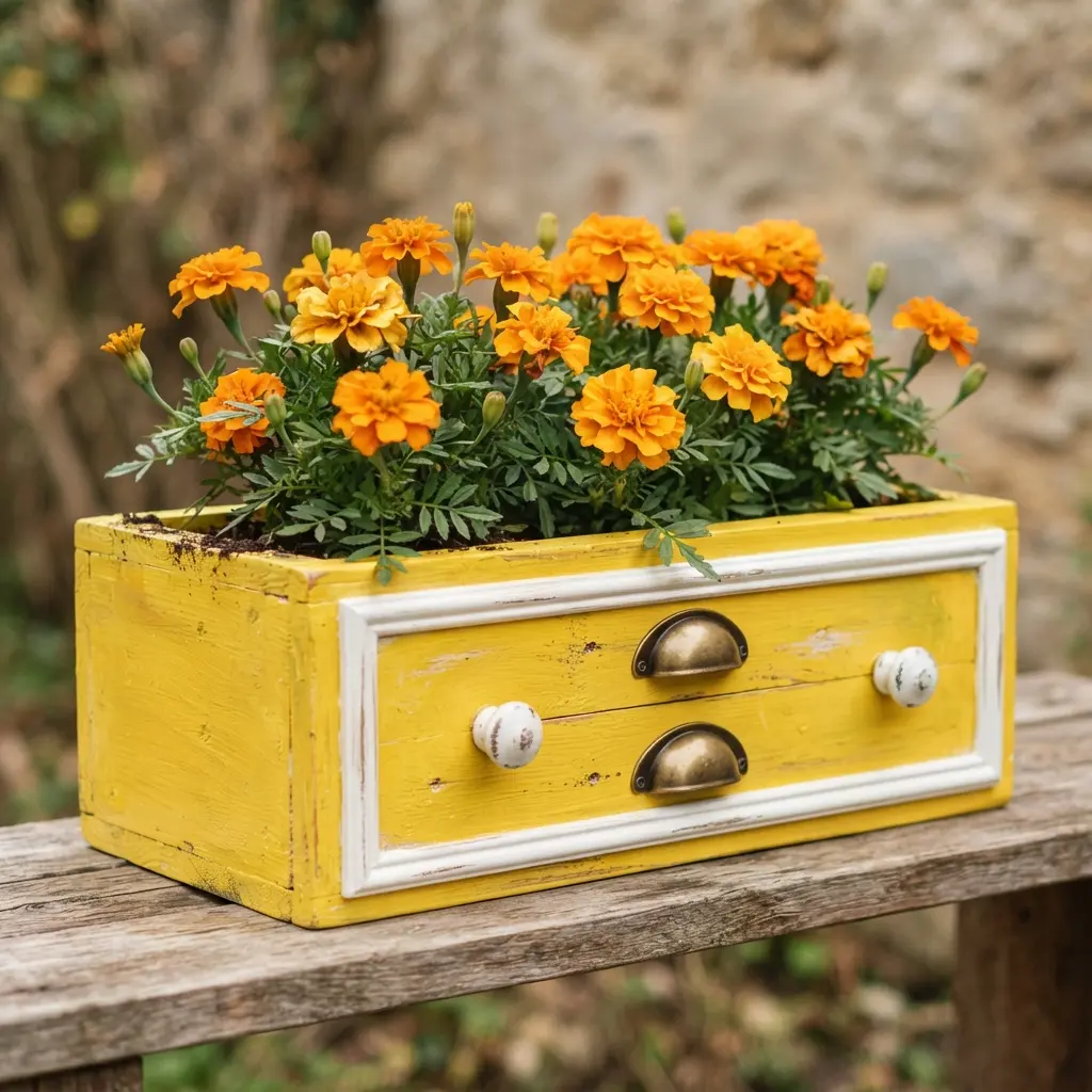 A vibrant yellow or green painted wooden drawer planter with weather-resistant finish on a porch.