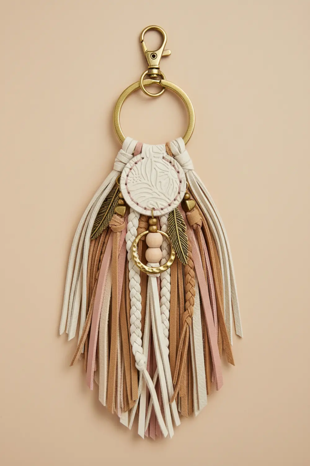 A tan faux leather keychain with two stacked rectangles and a long, knotted fringe tassel dangling from the bottom.