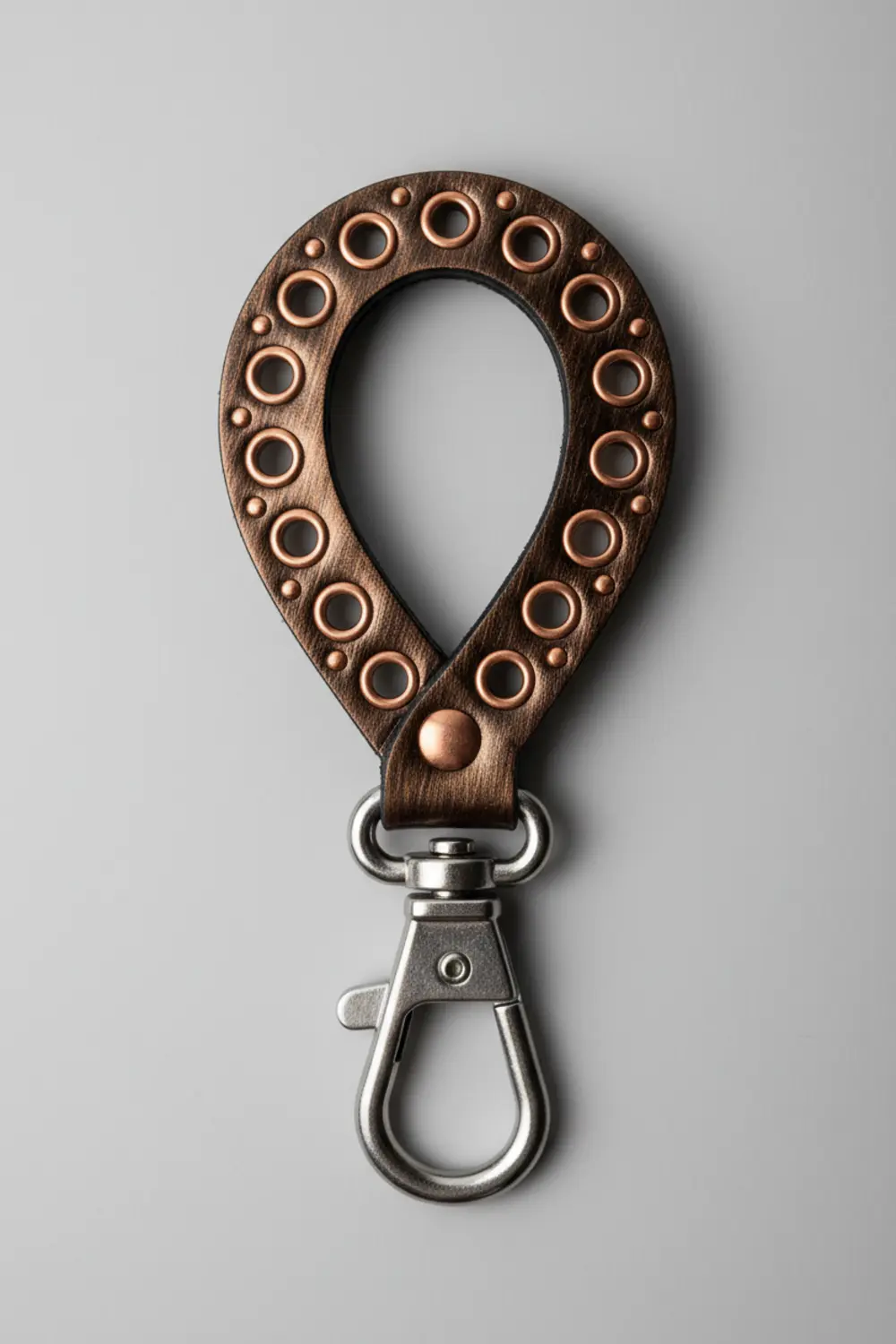 A teal faux leather loop keychain adorned with a row of small gold eyelets and a central metal stud.
