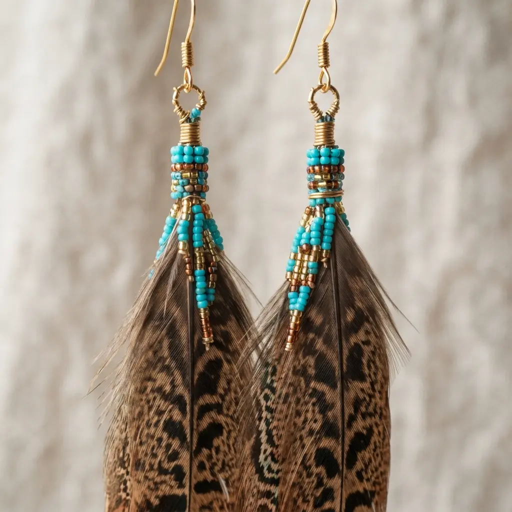 Long, natural pheasant feathers decorated with vivid glass beads on gold-filled ear wires.