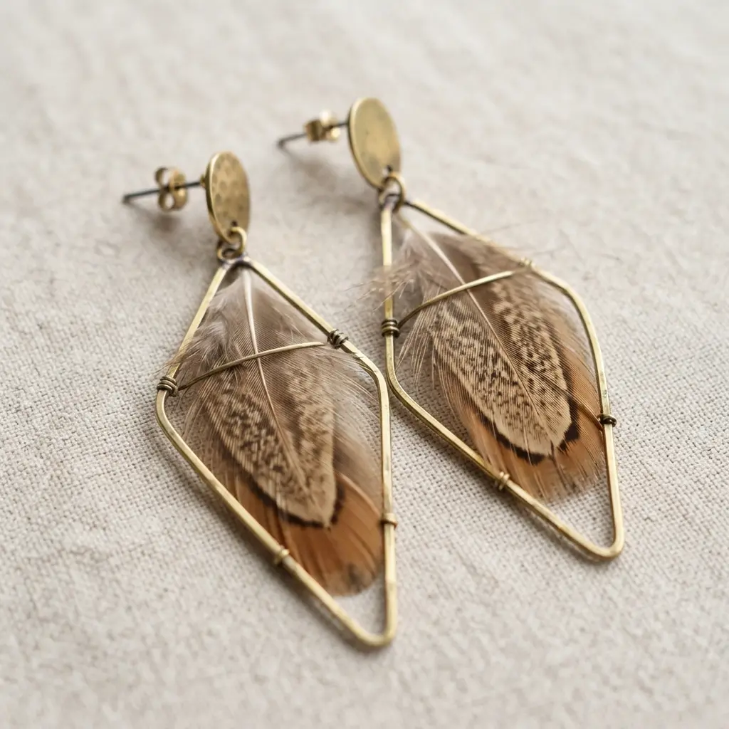 A natural feather encased within a clean, geometric brass wire frame on an earring post.
