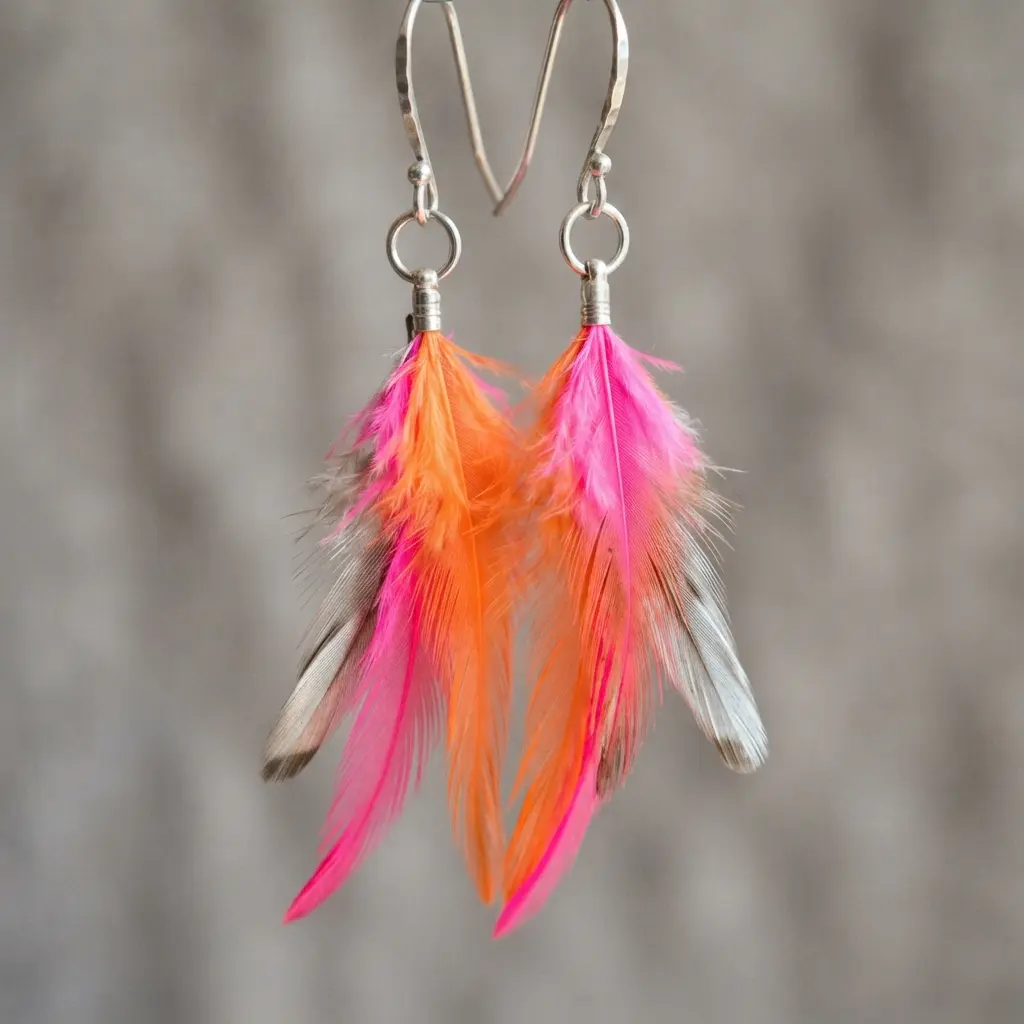 Bright pink and orange dyed goose biot feathers forming minimalist drop earrings.