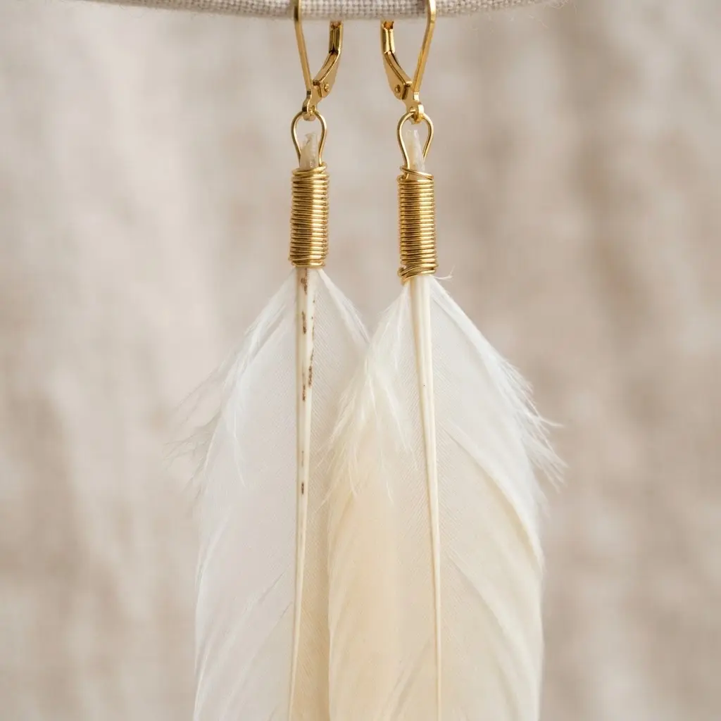 Close-up of a feather stem wrapped tightly with gleaming gold craft wire.