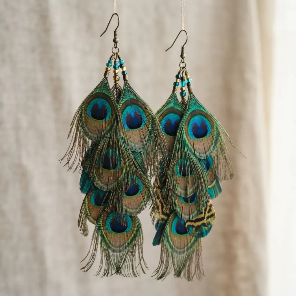 A dramatic pair of earrings with layered peacock feathers creating a blue and green fringe.