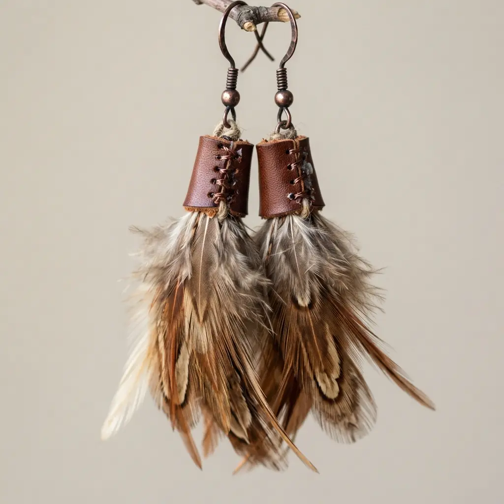 Brown leather caps holding a cluster of earthy-toned feather tassels on hoop earrings.