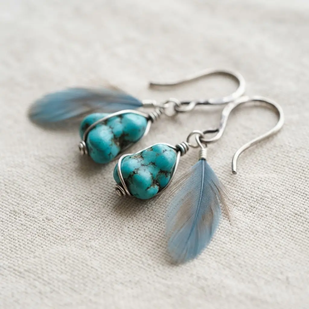 A raw turquoise stone dangling alongside a matching blue feather on a sterling silver finding.