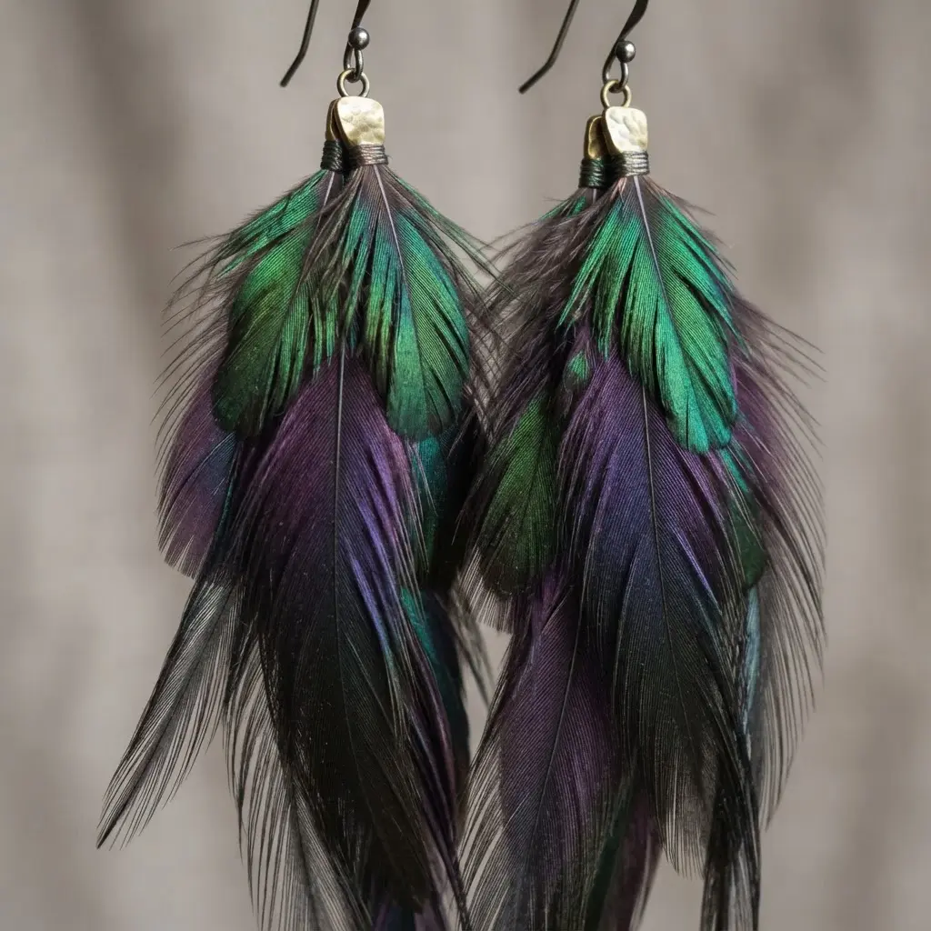 Earrings with layers of green and purple iridescent rooster feathers creating a cascading effect.