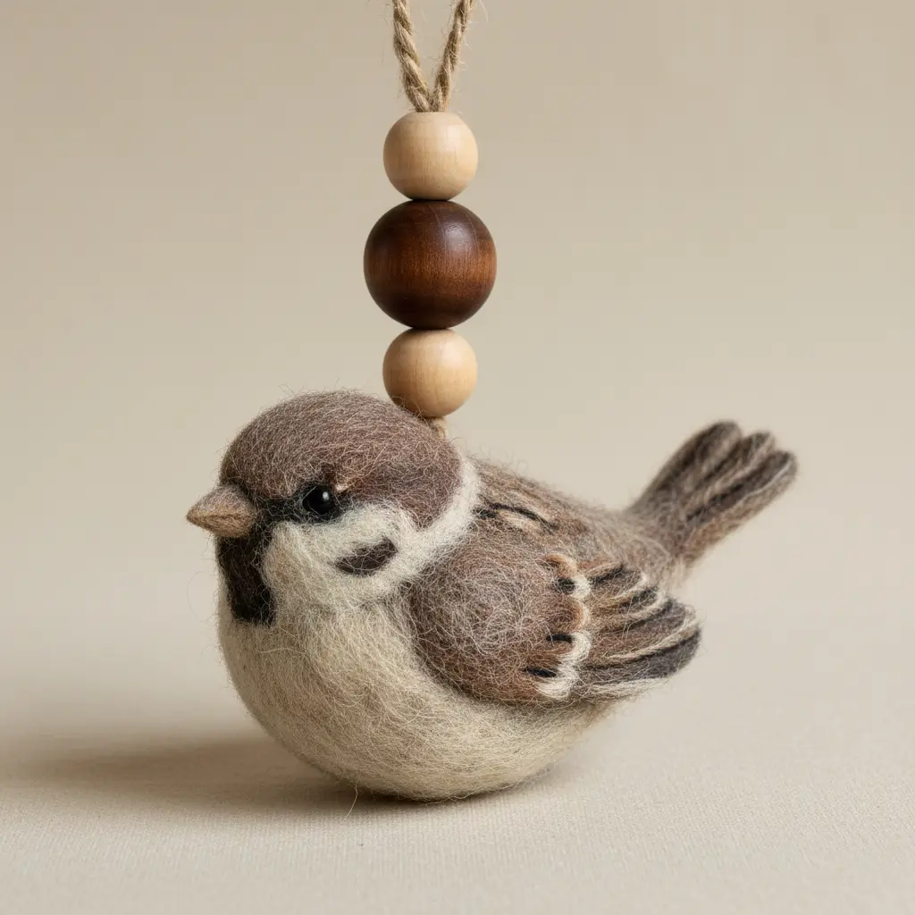A handcrafted wool felt sparrow pendant with brown and cream feather details and a small wooden accent bead, hanging from a dark leather cord.