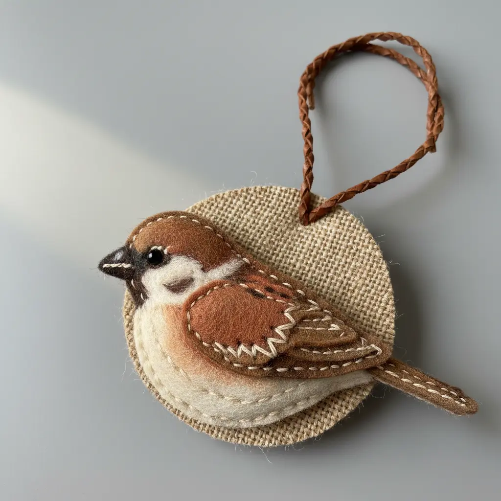 A handcrafted wool felt sparrow with a burlap fabric backing, suspended on a natural brown leather cord with a wooden toggle clasp, showing a rustic woodland style.