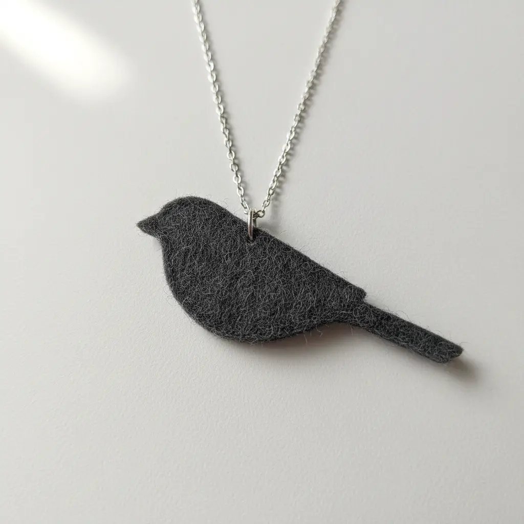 A sleek grey felt sparrow silhouette necklace with clean cut edges and a simple silver-toned chain, showing a modern minimalist design.