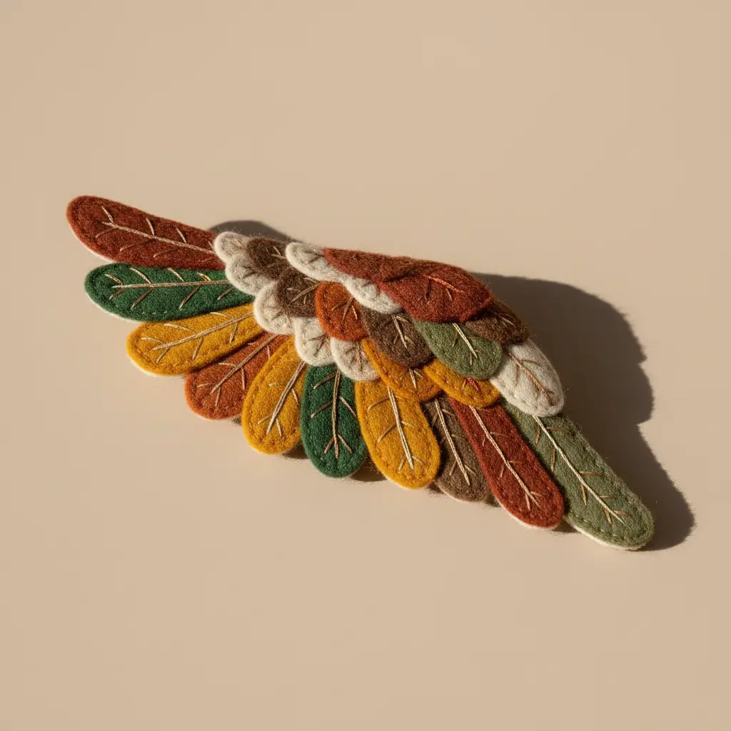 Close-up of a felt sparrow pendant with intricate embroidery on the wing using warm brown and caramel threads, stitched onto soft cream felt.