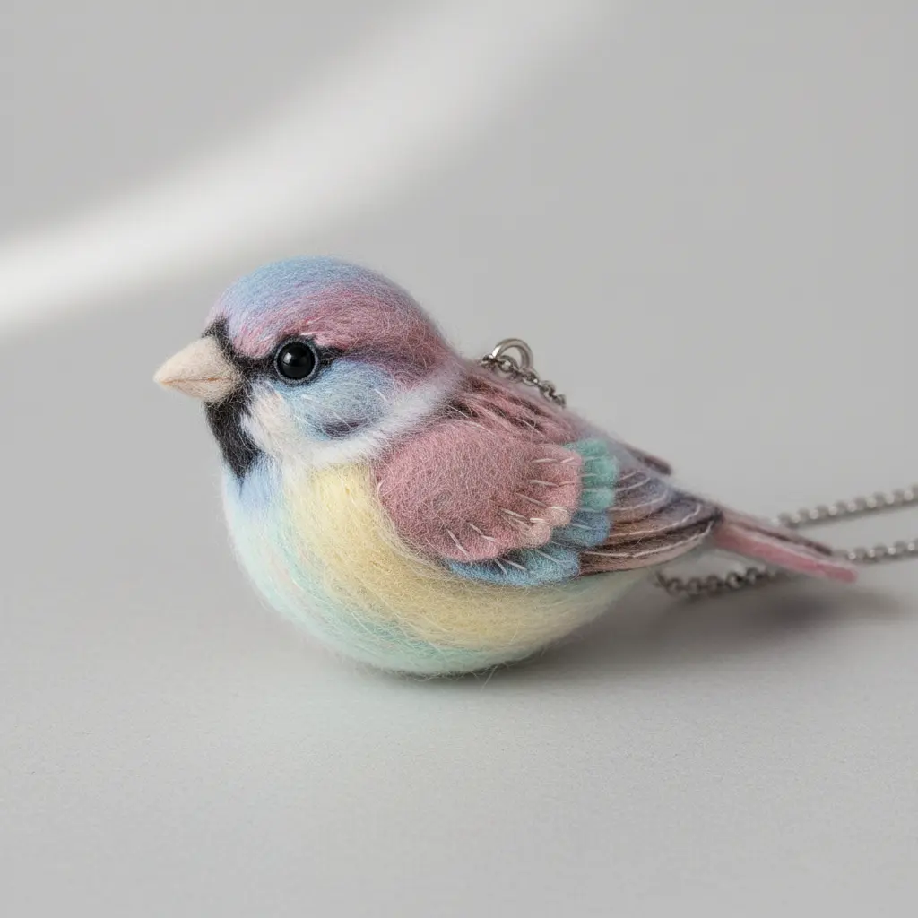 A soft pastel pink and mint felt sparrow brooch converted to a necklace pendant with a pin back and a jump ring attachment, showing the brooch's layered wing.
