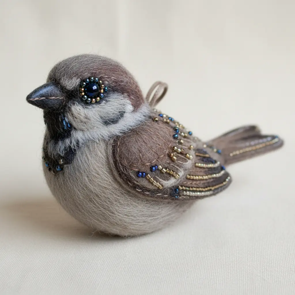 A layered felt sparrow necklace charm featuring two felt colors and a prominent black glass seed bead eye, with fine beaded stitch detail along the wing edge.