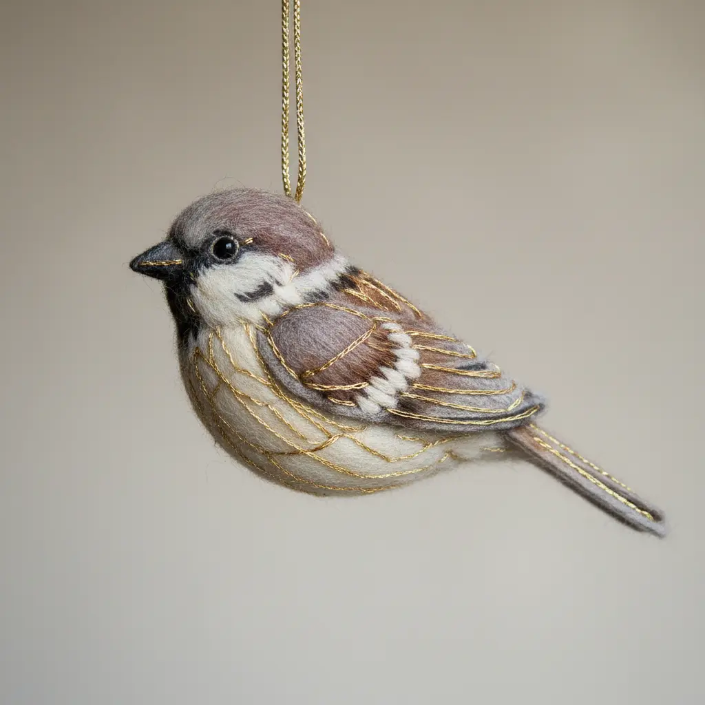 A felt sparrow pendant with golden metallic thread outlining the wing and tail feathers, giving a soft shimmer against the matte grey felt body.