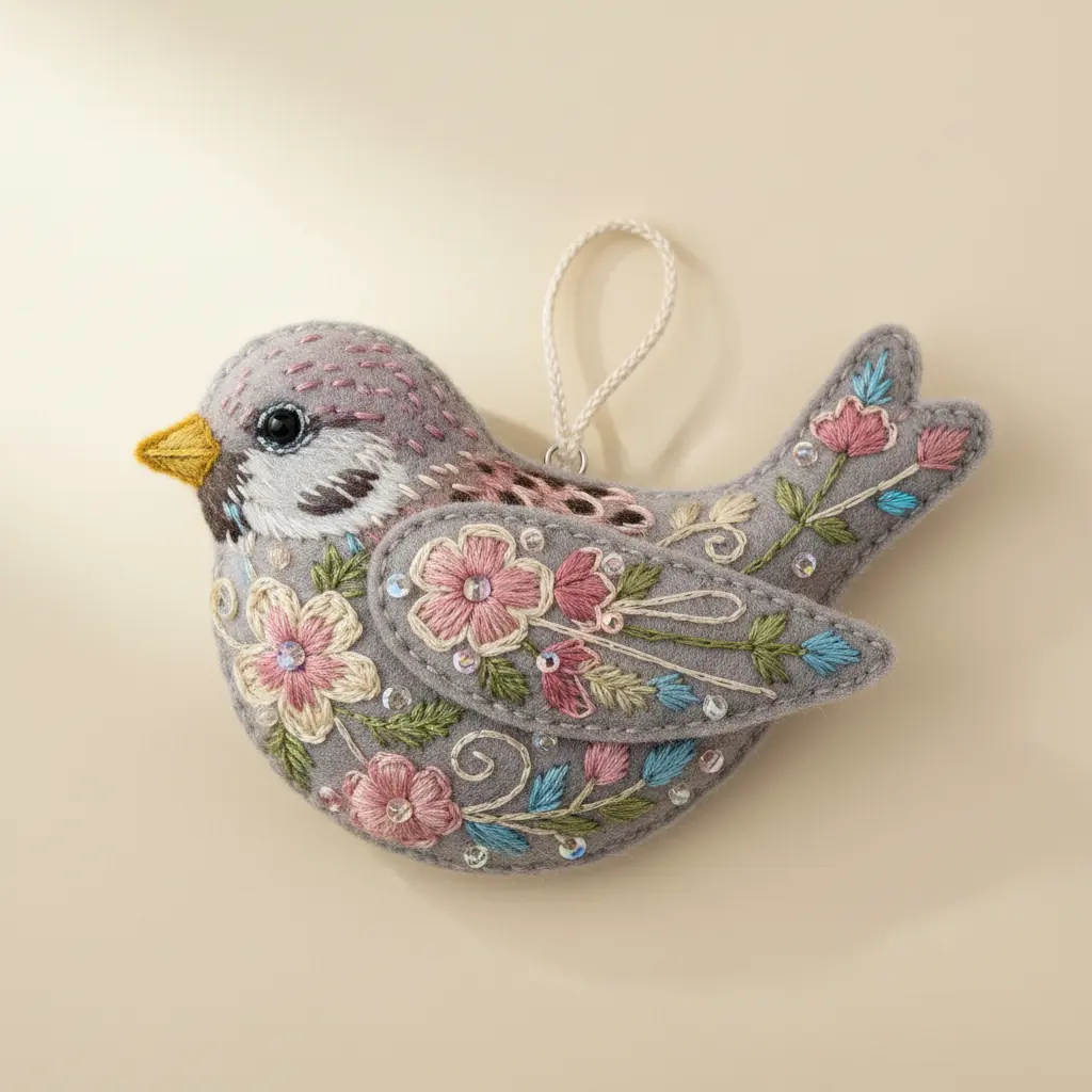 A playful felt sparrow necklace charm decorated with miniature embroidered flowers and leaves in bright colors, attached to a ball chain necklace.
