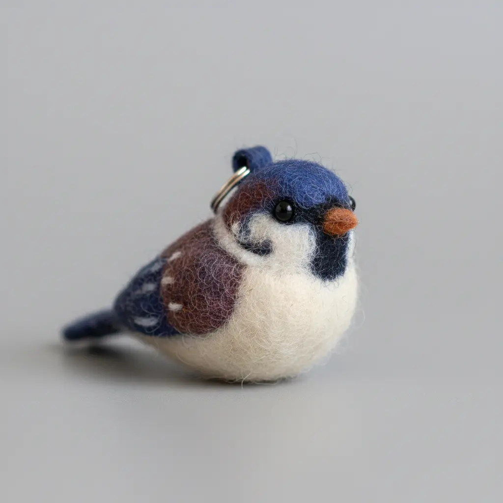 A tiny two-tone felt bird charm in deep indigo blue and natural cream felt, with a small silver jump ring and a matching delicate chain.