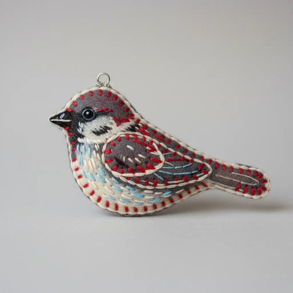A felt sparrow pendant with contrasting white blanket stitch along the edge, highlighting the bird's outline against the charcoal grey felt body.