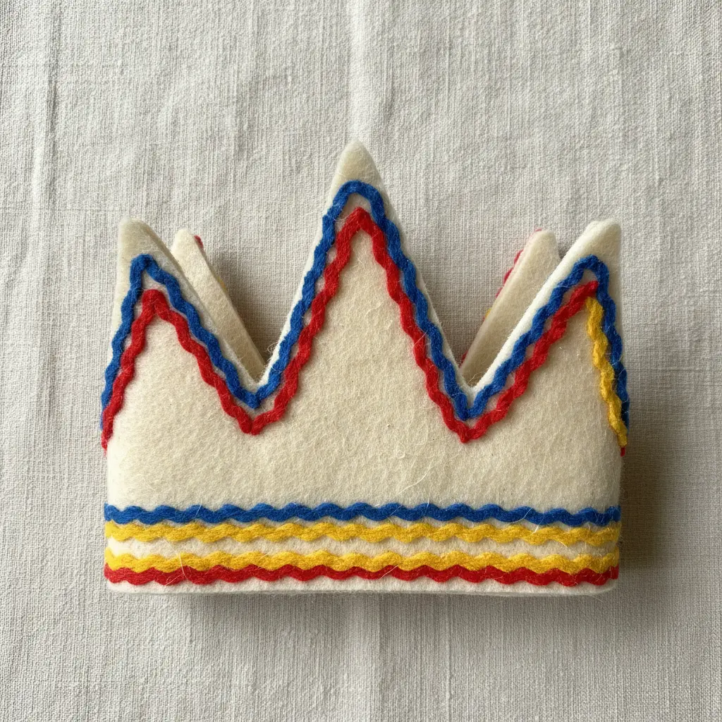 A stiffened felt crown with tall triangular points and striped zigzag edging in bright primary colors.
