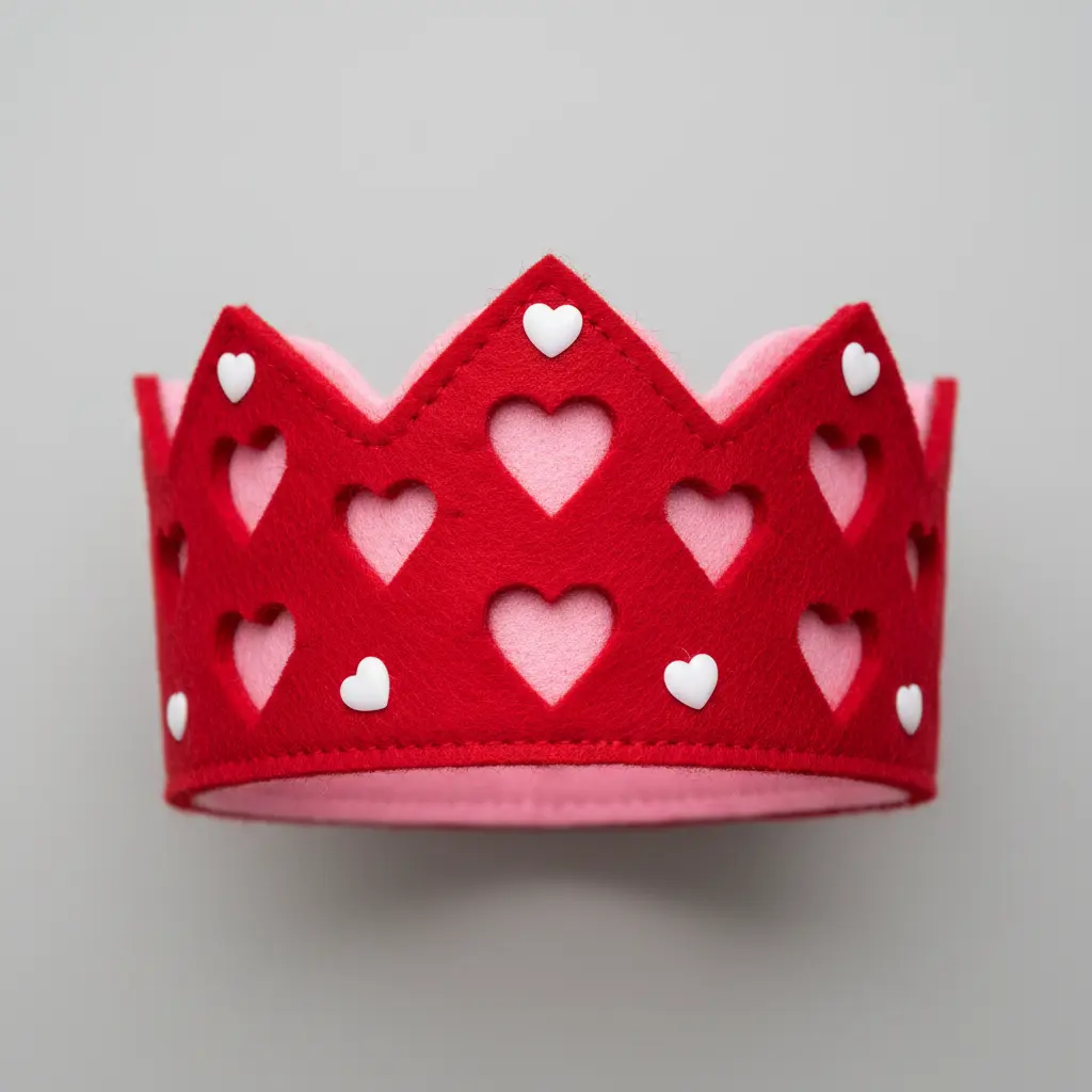 A felt crown with a series of cutout hearts along the band, lined with pink felt behind the openings and topped with tiny heart stickers.