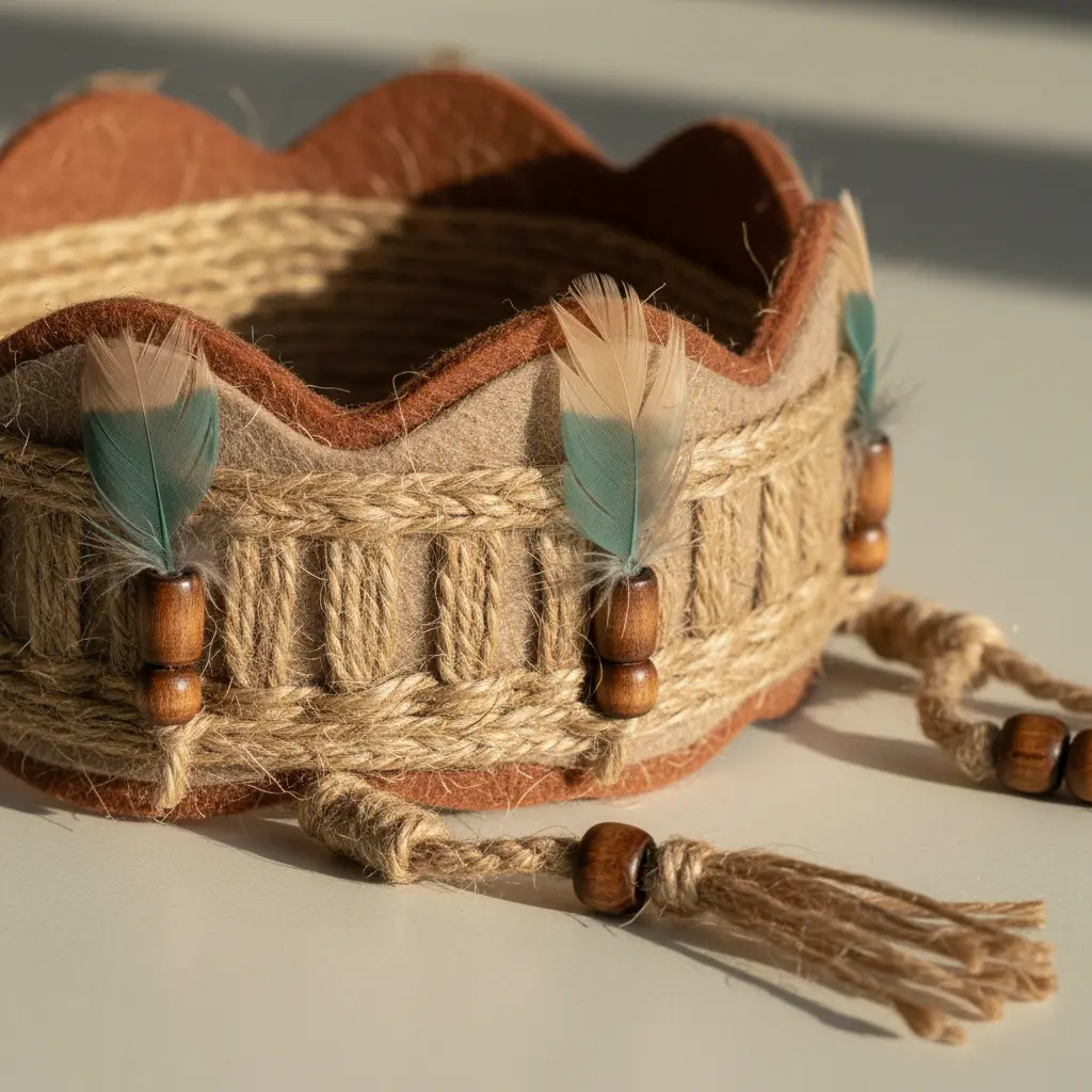 A tan felt tiara wrapped in jute twine, adorned with small dyed feathers and wooden bead tassels at the ends.