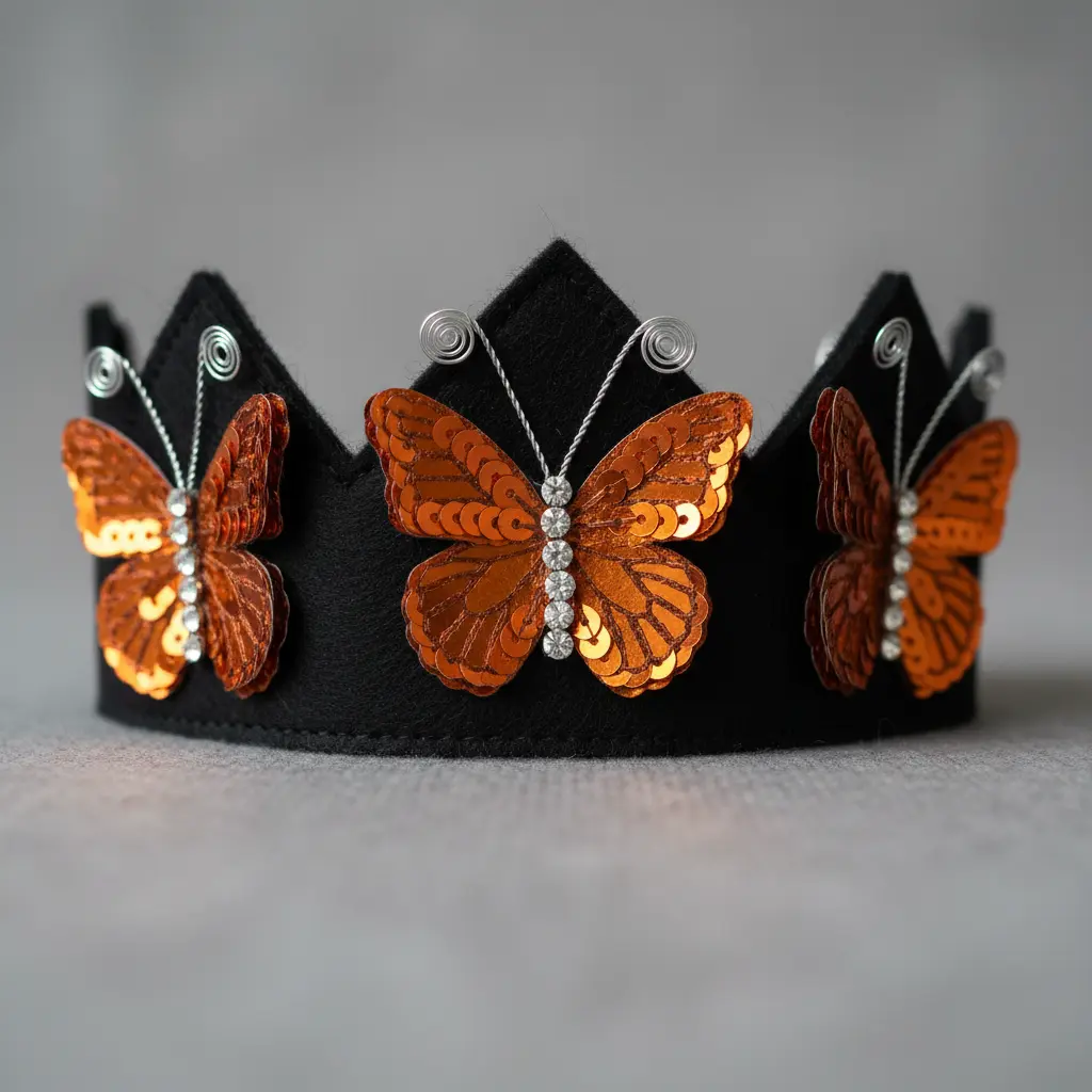 A black felt crown with three layered orange sequin butterflies, each with pipe cleaner antennae and tiny rhinestone bodies.
