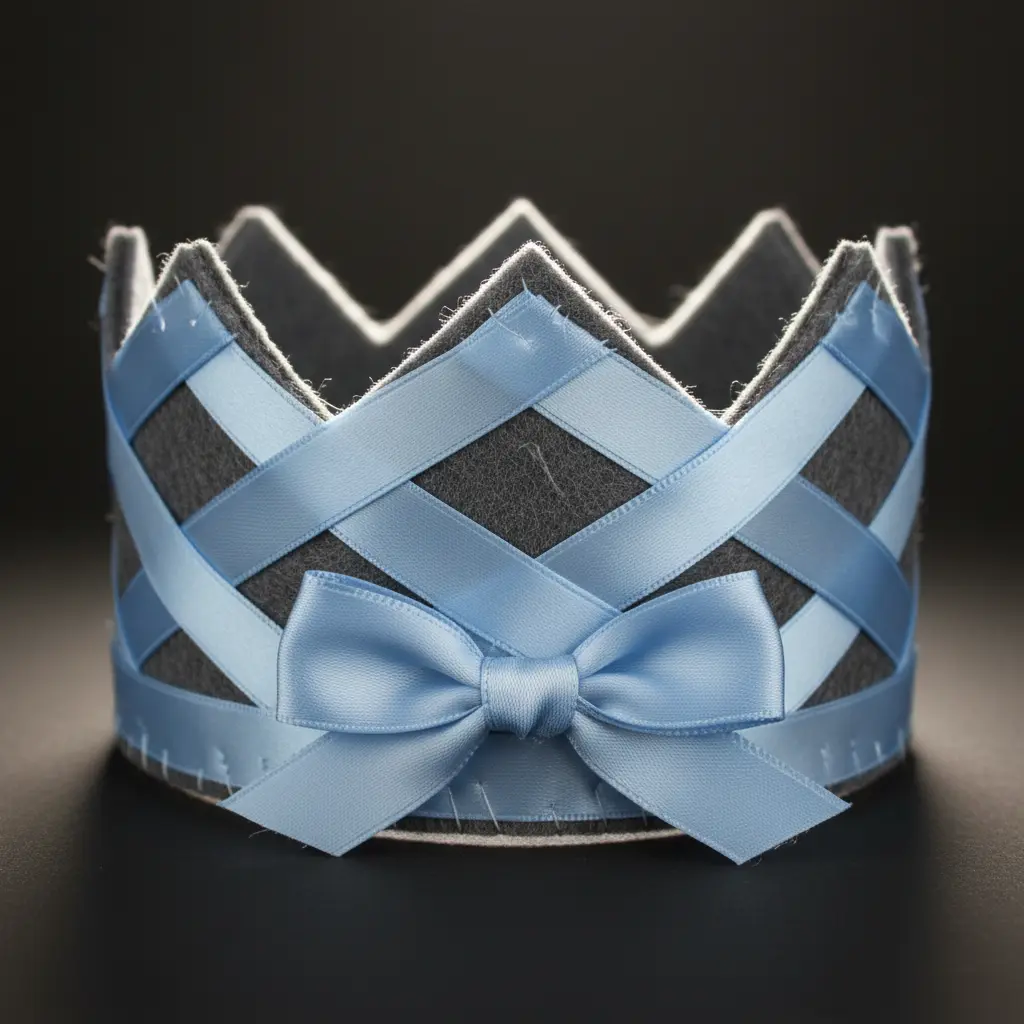A plain gray felt crown fully covered by a crisscross of light blue ribbon, finished with a large bow at the back.