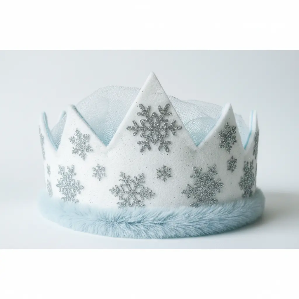 A white felt tiara with silver glitter snowflake stickers, a frosted lace overlay, and a soft faux fur lining for winter warmth.