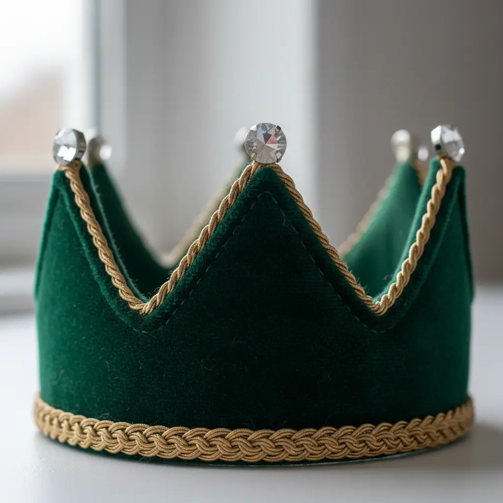 A deep green crown with a top layer of soft velvet, trimmed with gold braid cord and embellished with a single rhinestone in each peak.