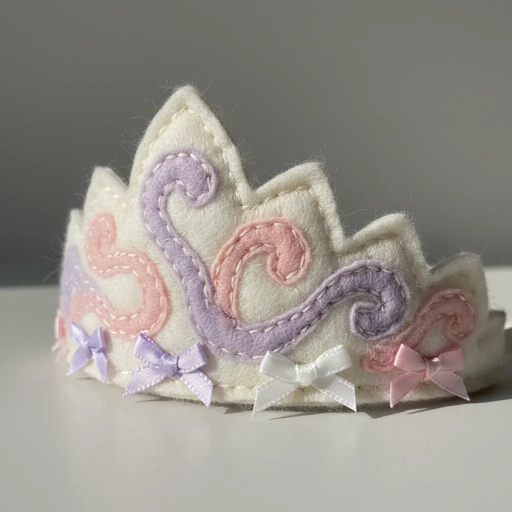 A delicate pastel pink and lavender felt crown with scalloped edging and miniature ribbon bows at each curve.