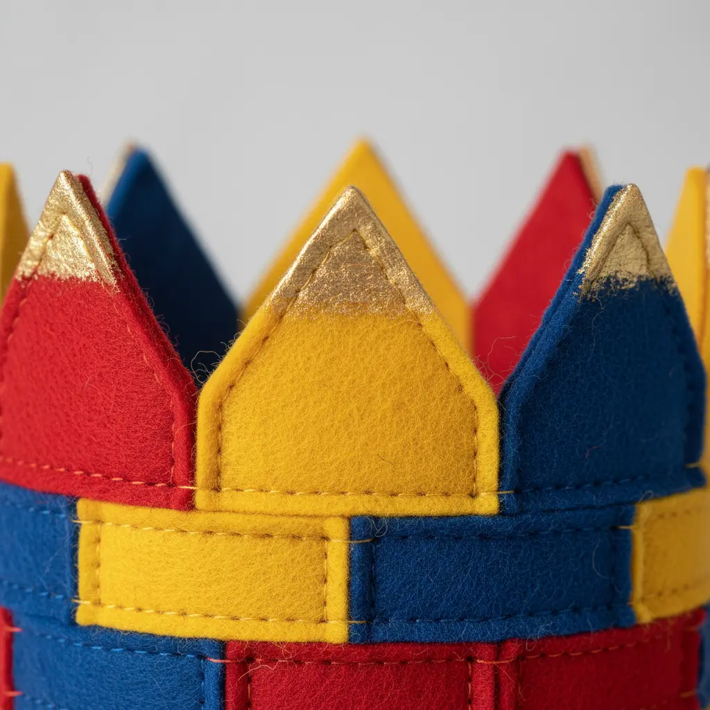 A colorful crown made of stacked felt rectangles in red, yellow, and blue, topped with a gold painted border.