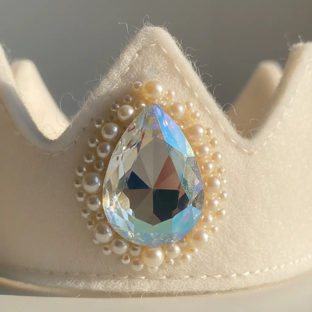 A white felt tiara with a single oversized iridescent teardrop jewel centered above the forehead, surrounded by tiny pearls.