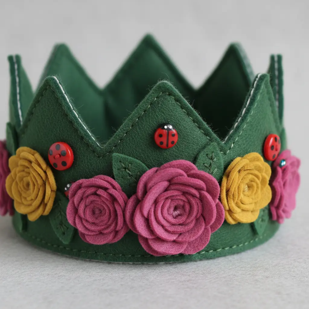 A green felt crown decorated with clustered flower appliques in pink and yellow, accented by tiny felt leaves and ladybugs.