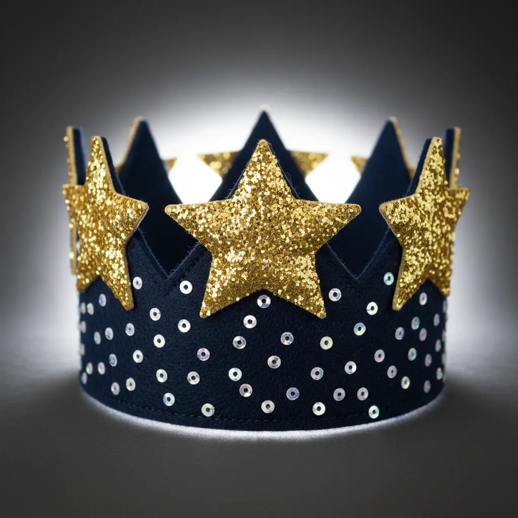A dark blue felt crown with each point topped by a dimensional glittery gold star and scattered micro sequins.