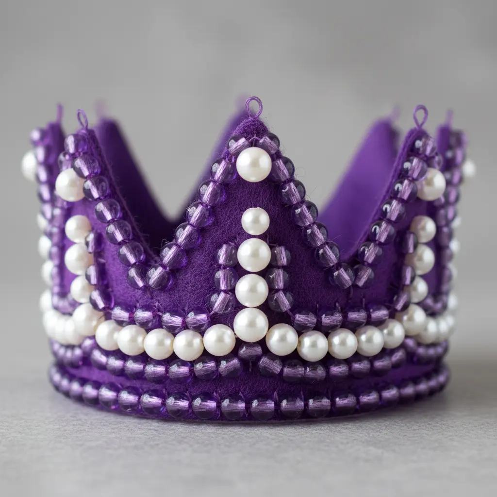 A royal purple felt tiara with a beaded border of white pearls and amethyst-colored glass beads along the base and points.